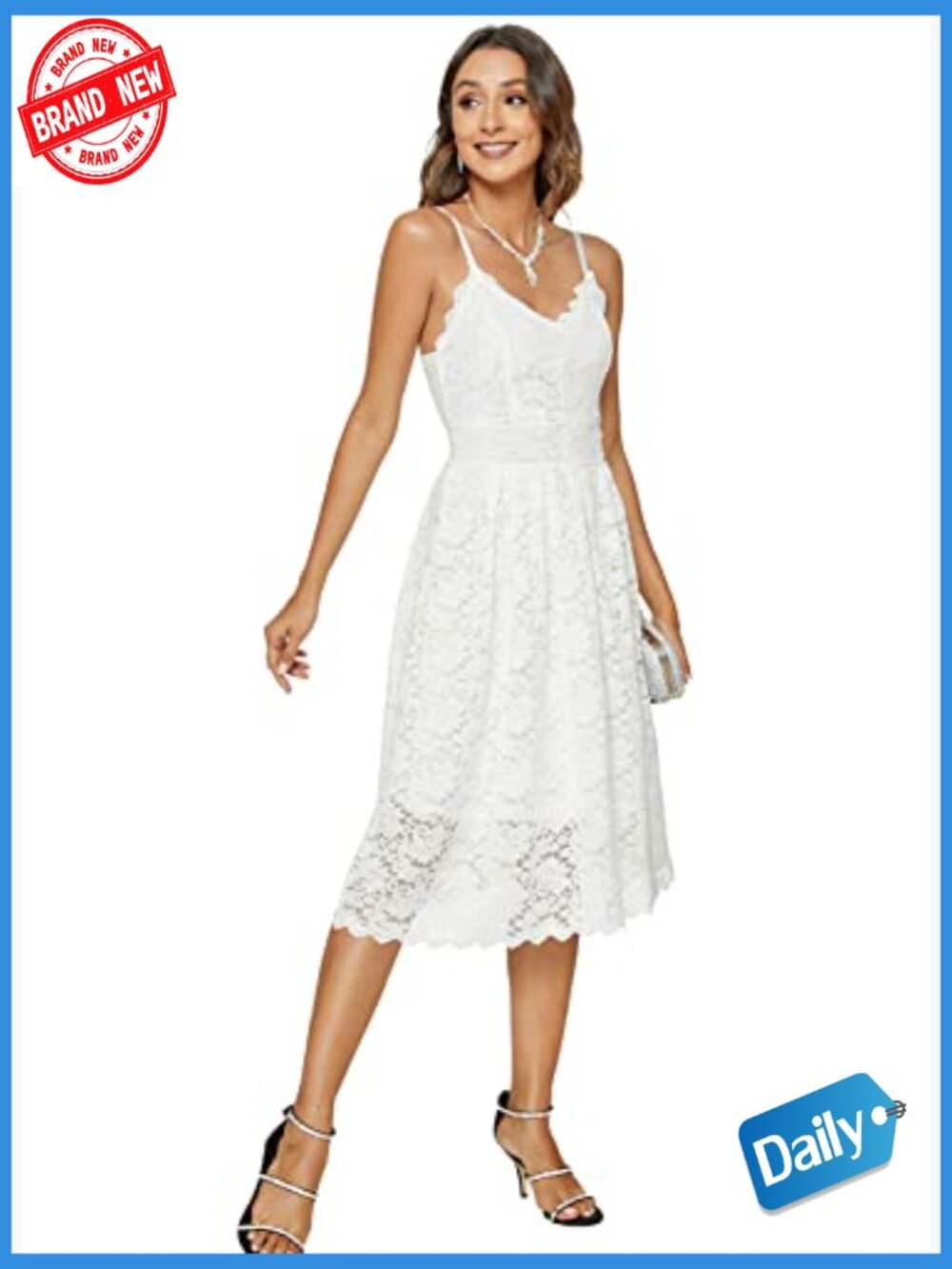 Lace Floral Spaghetti Strap V Neck Swing Cocktail Midi Dress - Picture 4 of 7